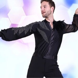 Men’s Ballroom shows Dance Bodysuit Black Sequin Glitter Shirt Medium